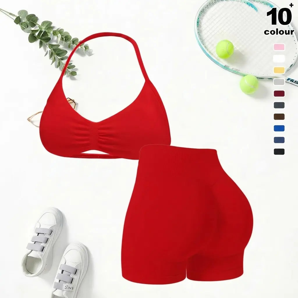 Women'S Seamless Yoga , 2-Piece Gym Shorts & Sports Bra Workout Outfit, High-Waisted Fitness Sportswear, Exercise Activewear for Women Gym Yoga Outfits Activewear Look Stretch Activewear Shorts Fitness Seamless Design Summer Open Back Sport Bra