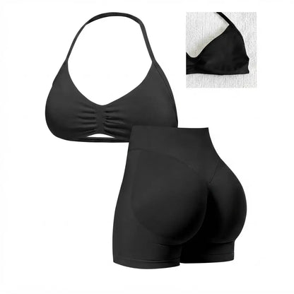Women'S Seamless Yoga , 2-Piece Gym Shorts & Sports Bra Workout Outfit, High-Waisted Fitness Sportswear, Exercise Activewear for Women Gym Yoga Outfits Activewear Look Stretch Activewear Shorts Fitness Seamless Design Summer Open Back Sport Bra