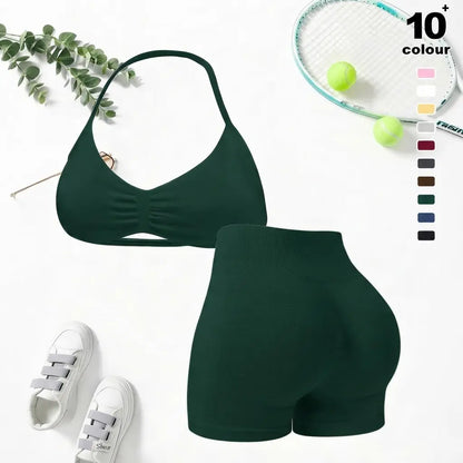 Women'S Seamless Yoga , 2-Piece Gym Shorts & Sports Bra Workout Outfit, High-Waisted Fitness Sportswear, Exercise Activewear for Women Gym Yoga Outfits Activewear Look Stretch Activewear Shorts Fitness Seamless Design Summer Open Back Sport Bra