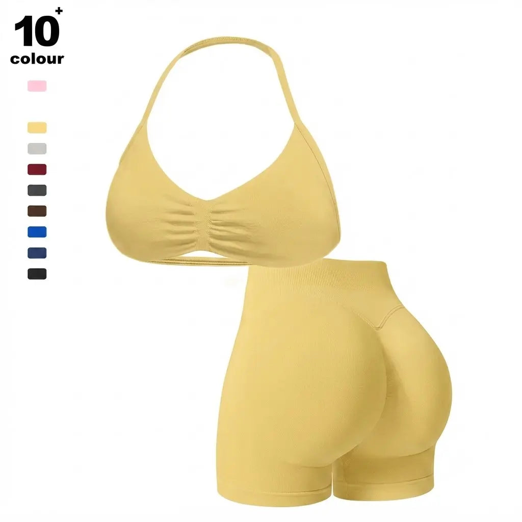 Women'S Seamless Yoga , 2-Piece Gym Shorts & Sports Bra Workout Outfit, High-Waisted Fitness Sportswear, Exercise Activewear for Women Gym Yoga Outfits Activewear Look Stretch Activewear Shorts Fitness Seamless Design Summer Open Back Sport Bra