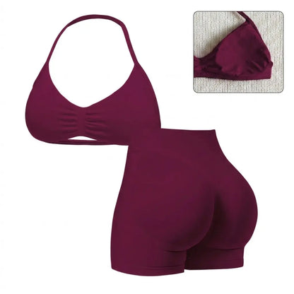 Women'S Seamless Yoga , 2-Piece Gym Shorts & Sports Bra Workout Outfit, High-Waisted Fitness Sportswear, Exercise Activewear for Women Gym Yoga Outfits Activewear Look Stretch Activewear Shorts Fitness Seamless Design Summer Open Back Sport Bra