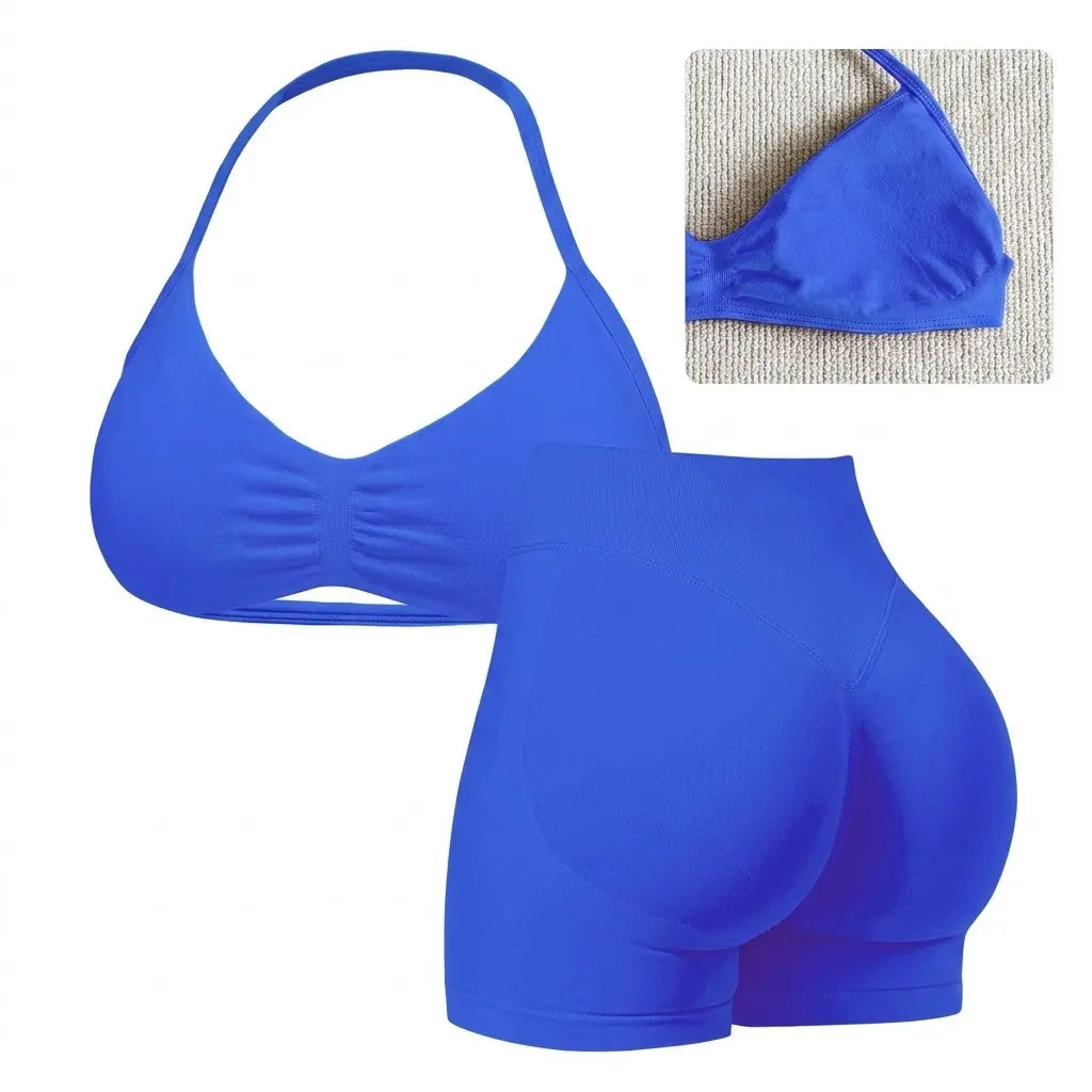 Women'S Seamless Yoga , 2-Piece Gym Shorts & Sports Bra Workout Outfit, High-Waisted Fitness Sportswear, Exercise Activewear for Women Gym Yoga Outfits Activewear Look Stretch Activewear Shorts Fitness Seamless Design Summer Open Back Sport Bra