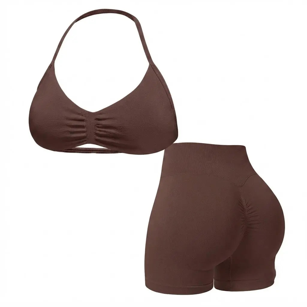 Women'S Seamless Yoga , 2-Piece Gym Shorts & Sports Bra Workout Outfit, High-Waisted Fitness Sportswear, Exercise Activewear for Women Gym Yoga Outfits Activewear Look Stretch Activewear Shorts Fitness Seamless Design Summer Open Back Sport Bra