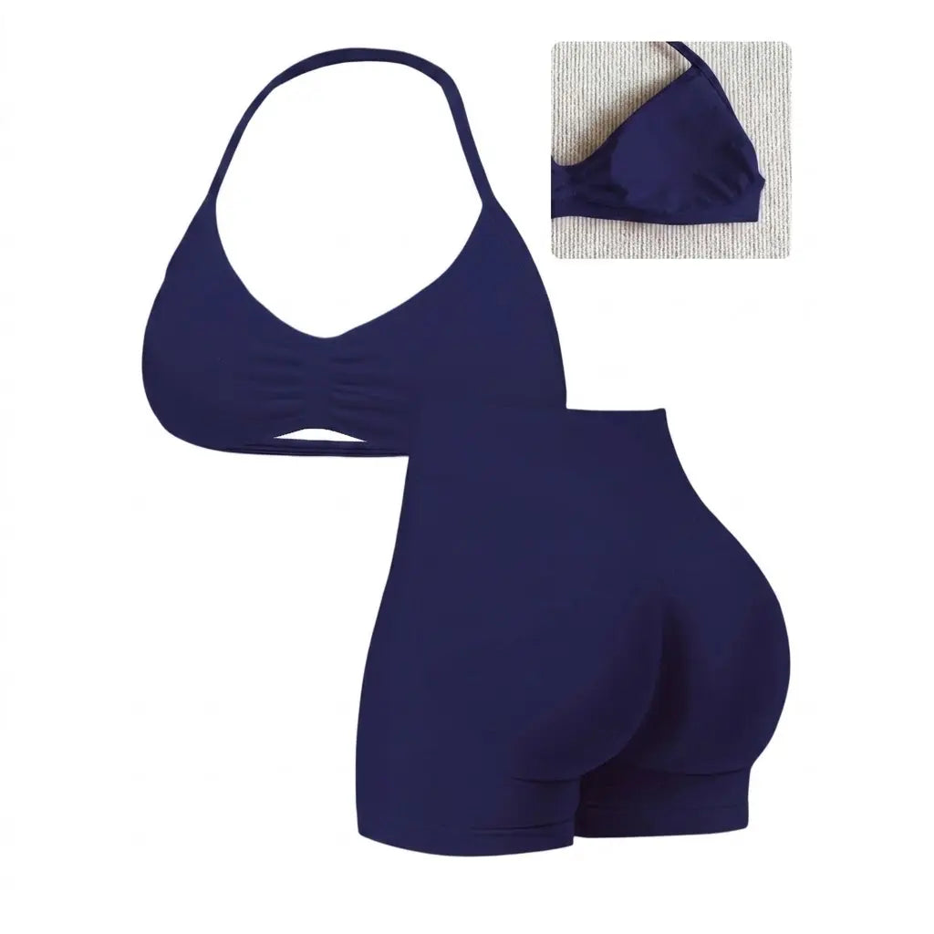 Women'S Seamless Yoga , 2-Piece Gym Shorts & Sports Bra Workout Outfit, High-Waisted Fitness Sportswear, Exercise Activewear for Women Gym Yoga Outfits Activewear Look Stretch Activewear Shorts Fitness Seamless Design Summer Open Back Sport Bra